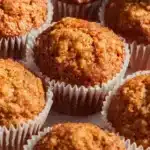 Freshly baked oatmeal muffins with oats and nuts on a wooden table