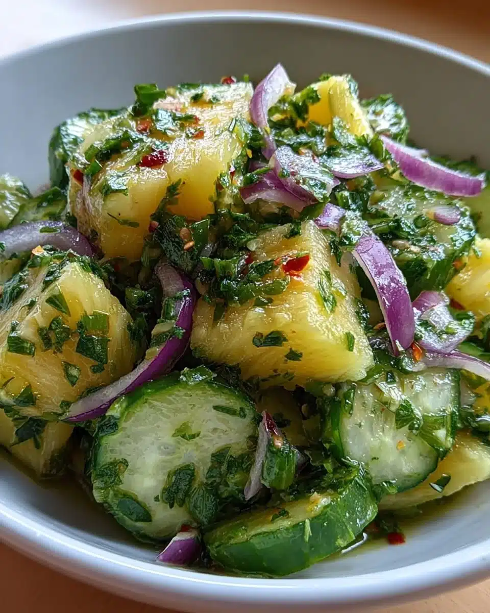 Pineapple Cucumber Salad with fresh pineapple and cucumber slices in a bowl