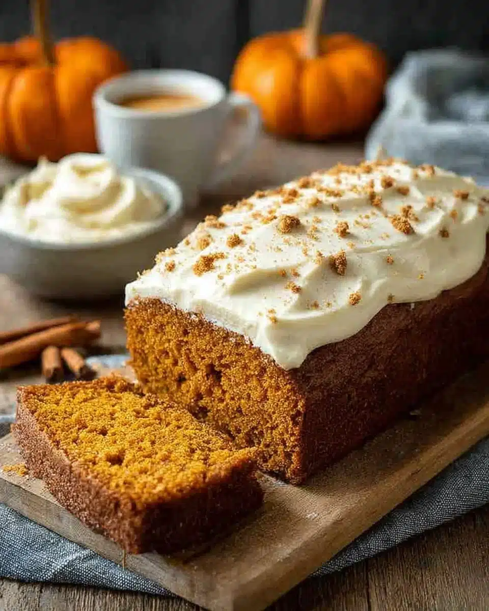 Slice of moist pumpkin bread with creamy cream cheese frosting on top