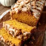 Slice of pumpkin bread with streusel topping on a plate