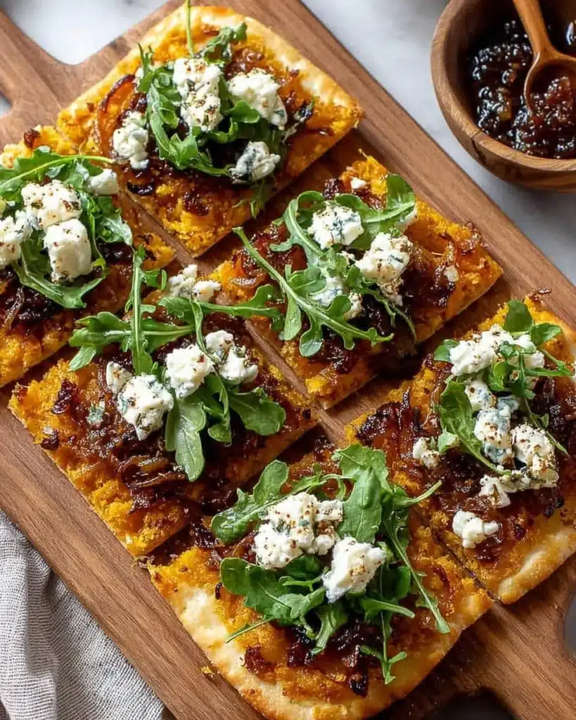 Pumpkin and caramelized onion flatbread fresh out of the oven
