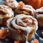 Freshly baked Pumpkin Cinnamon Swirl Muffins on a rustic wooden table