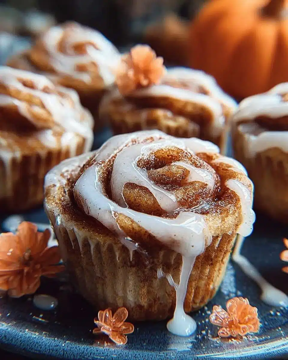 Freshly baked Pumpkin Cinnamon Swirl Muffins on a rustic wooden table