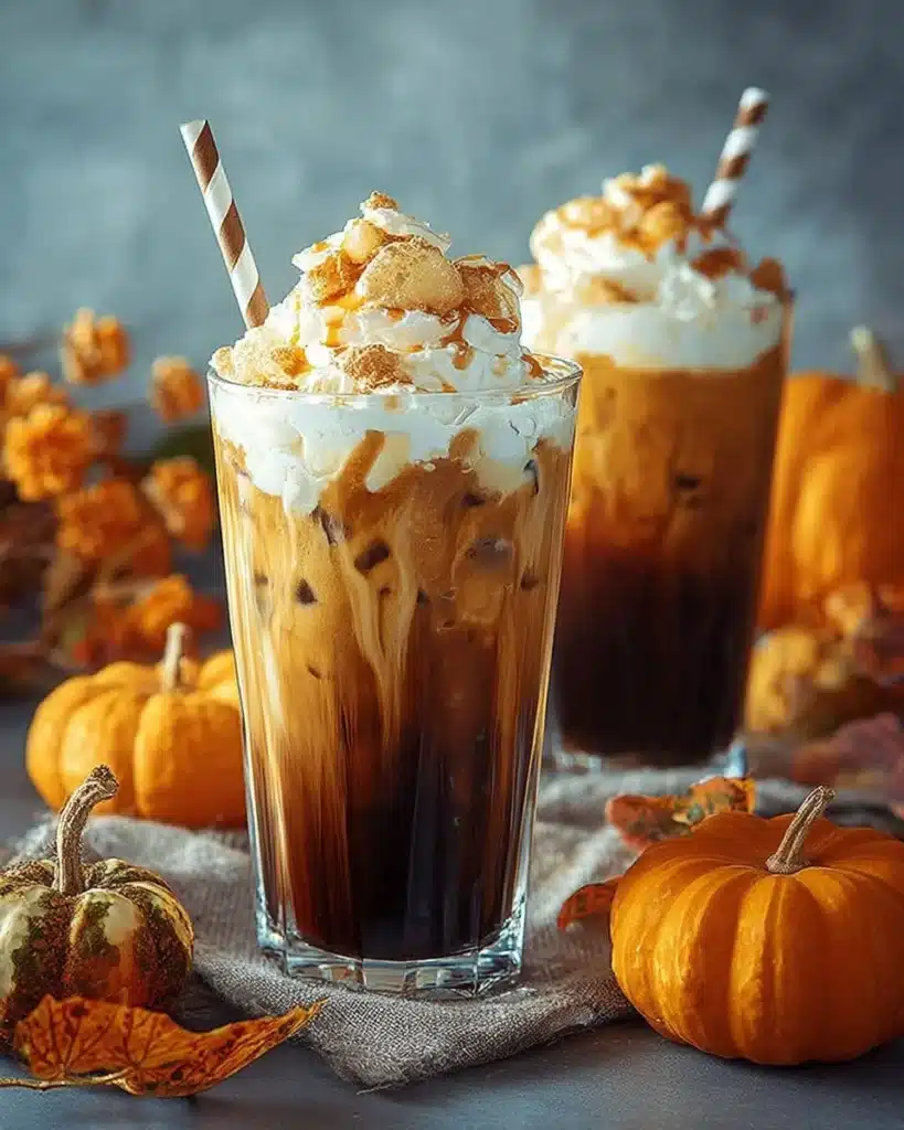A refreshing Pumpkin Cream Cold Brew topped with whipped cream and spices