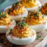 Pumpkin Deviled Eggs arranged on a festive platter