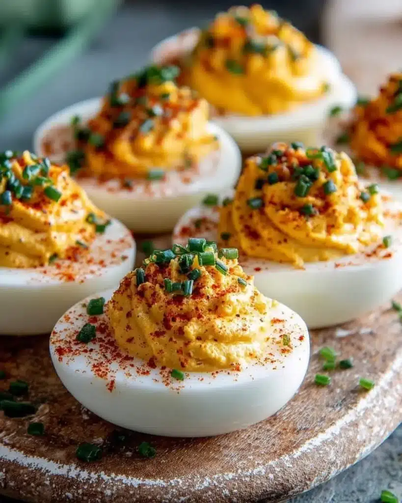Pumpkin Deviled Eggs arranged on a festive platter