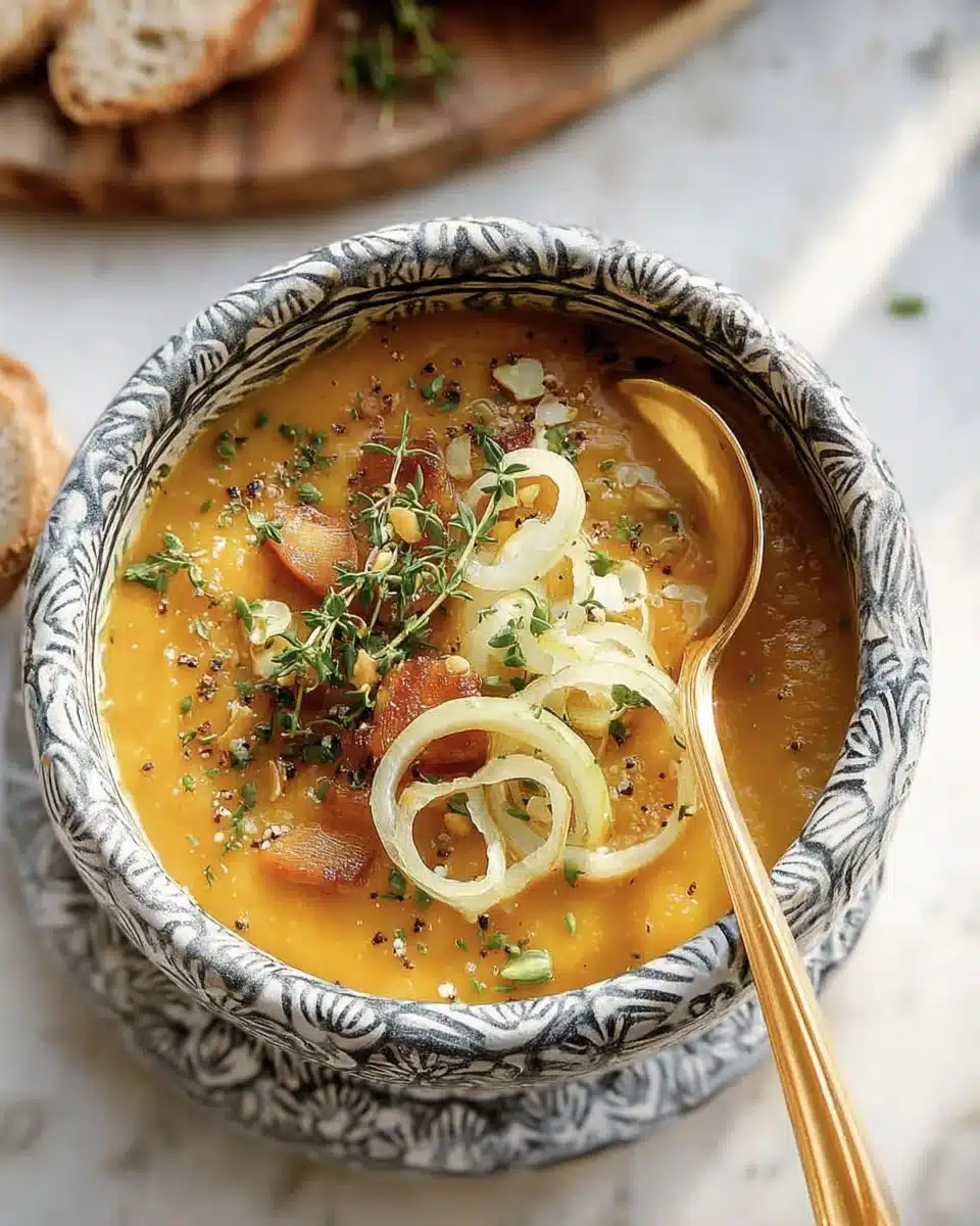 Creamy Pumpkin Leek Soup served in a bowl with herbs on top