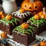 Delicious pumpkin brownies served on a rustic table with autumn decorations.