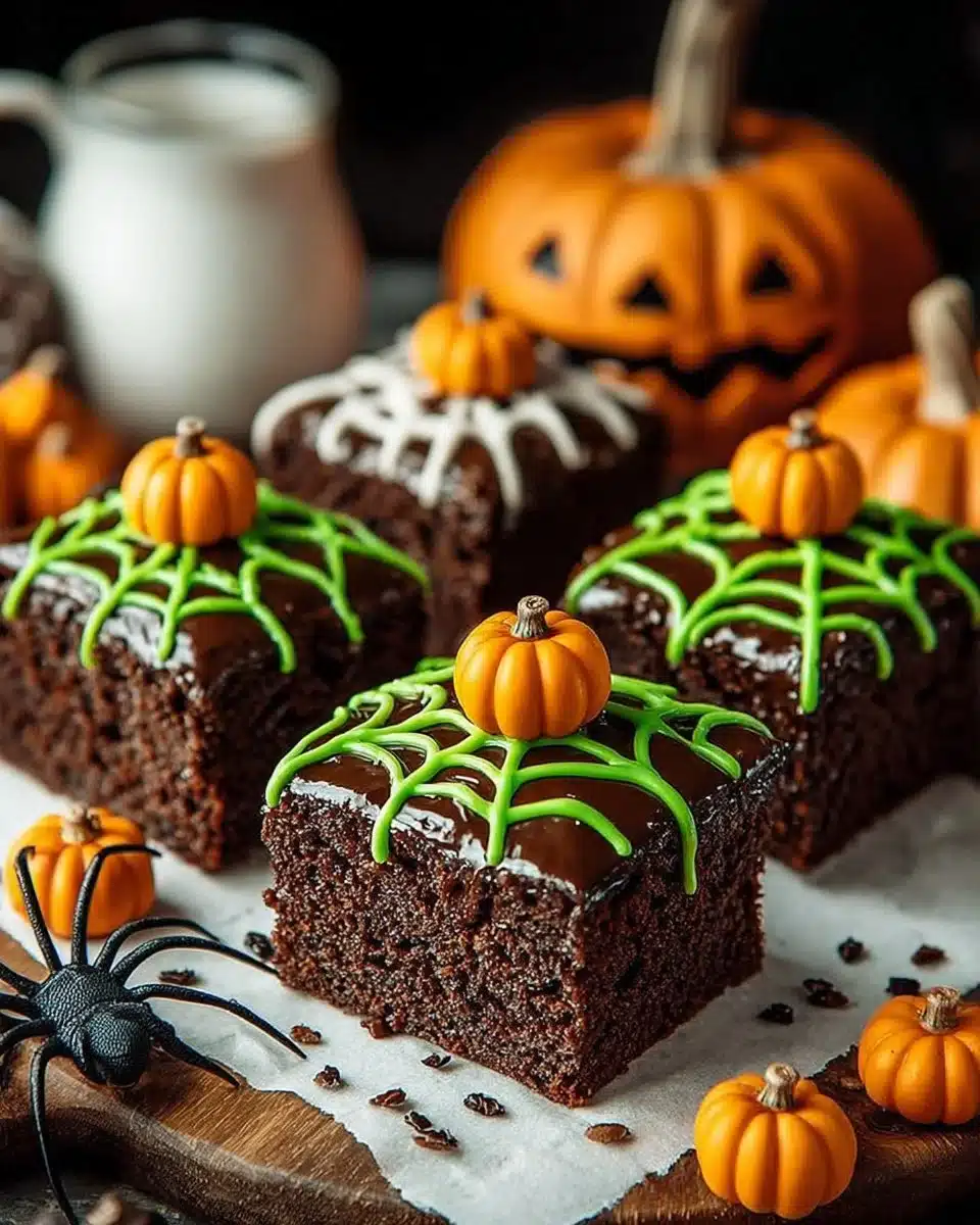 Delicious pumpkin brownies served on a rustic table with autumn decorations.