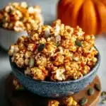 Bowl of pumpkin spice caramel popcorn with autumn leaves
