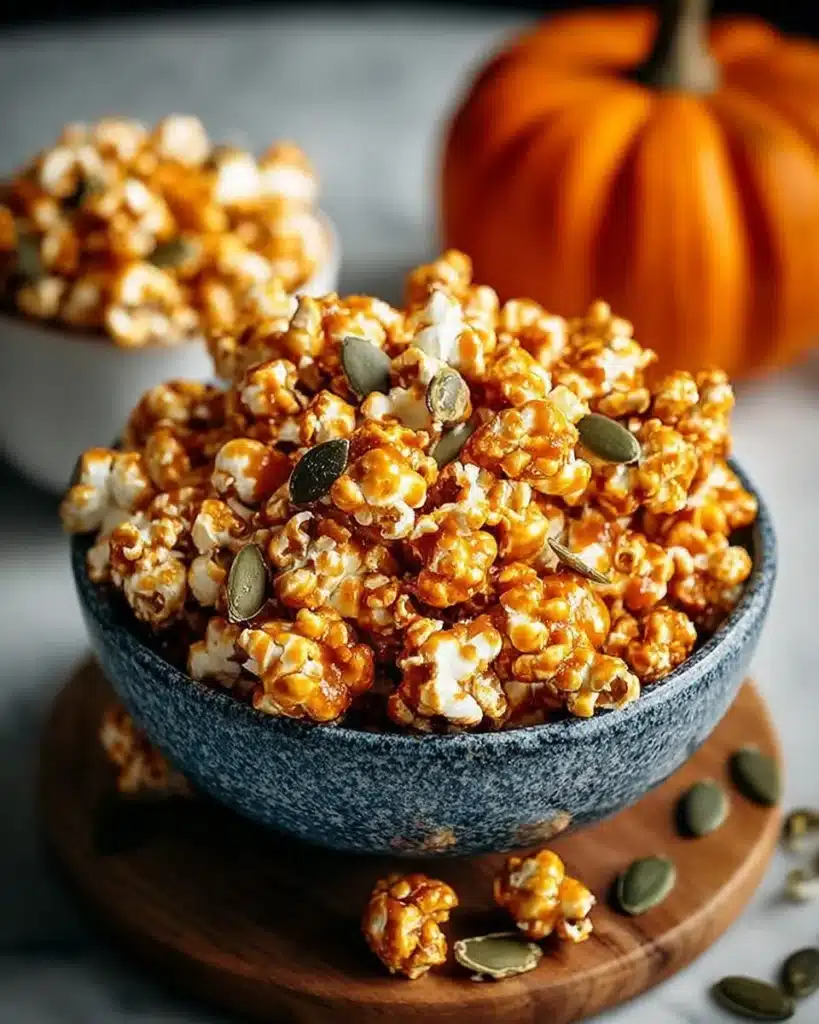Bowl of pumpkin spice caramel popcorn with autumn leaves