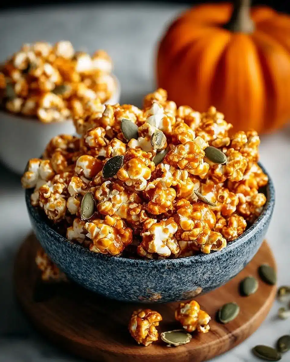 Bowl of pumpkin spice caramel popcorn with autumn leaves