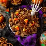 Delicious Pumpkin Spice Halloween Chex Mix in a festive bowl