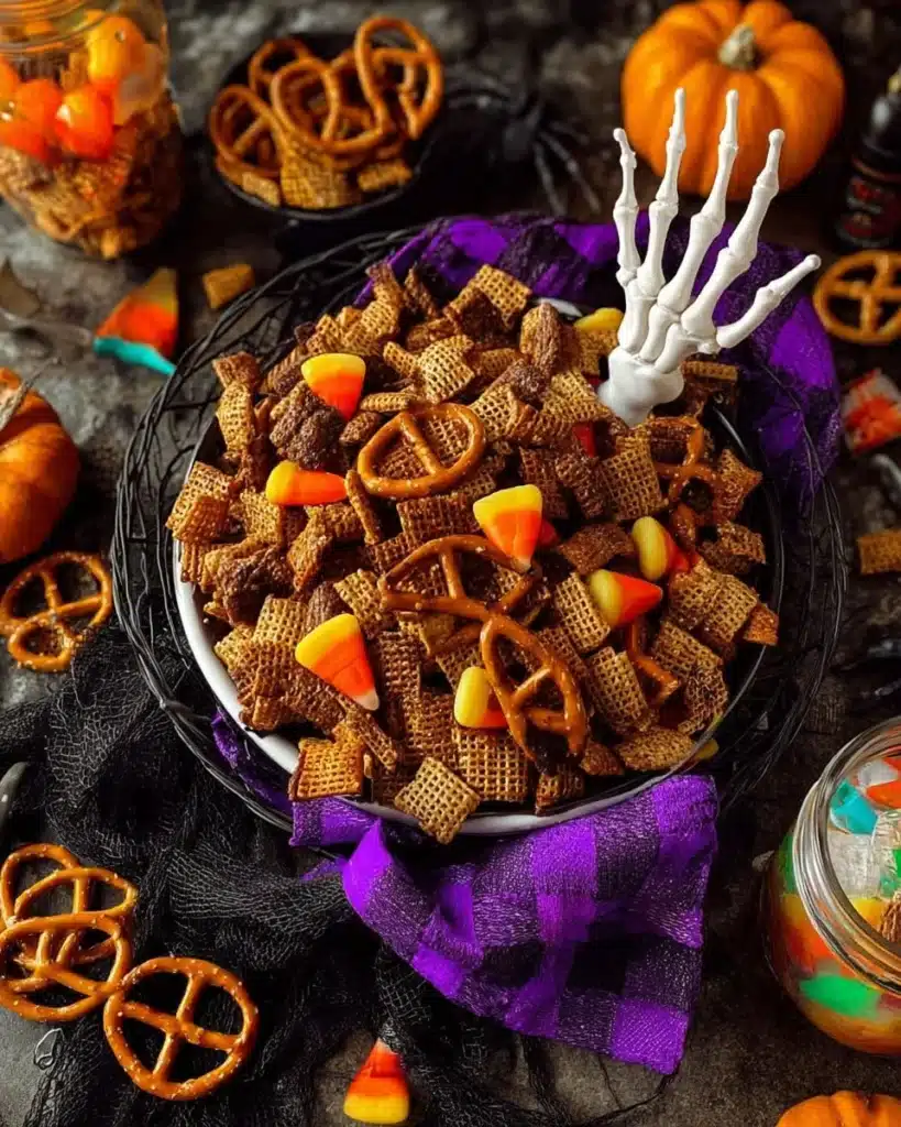 Delicious Pumpkin Spice Halloween Chex Mix in a festive bowl