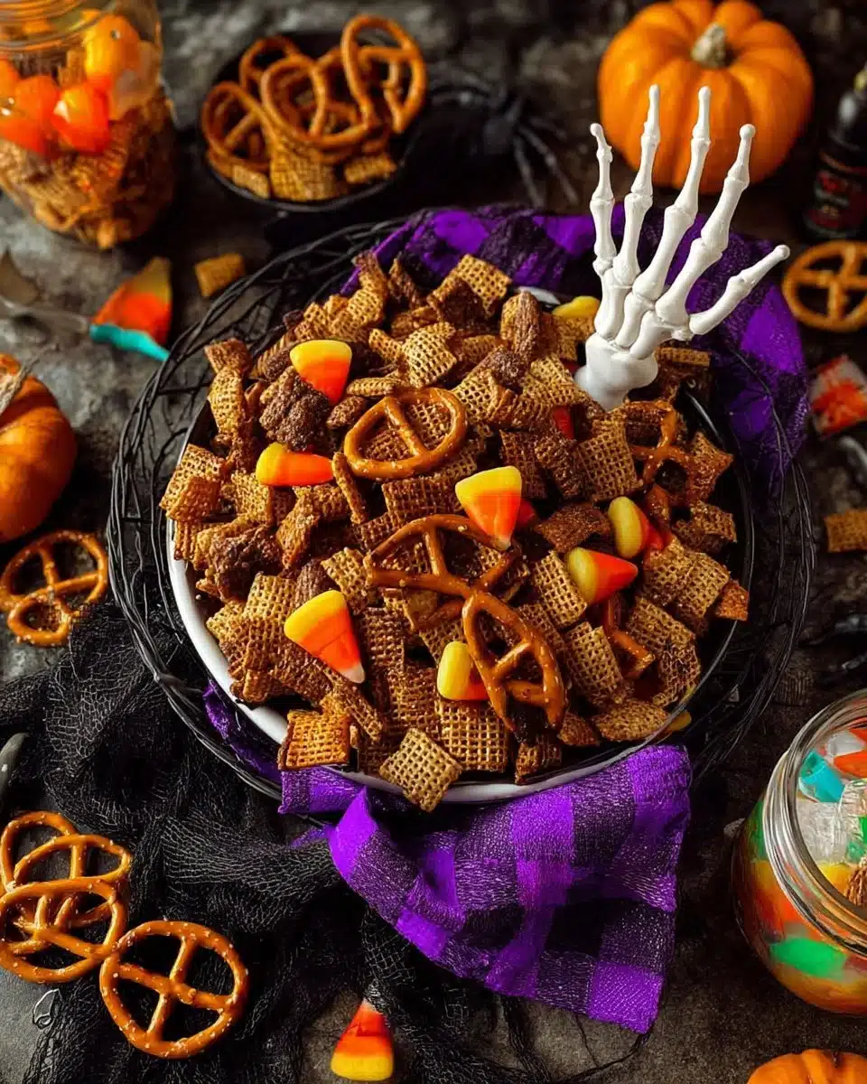 Delicious Pumpkin Spice Halloween Chex Mix in a festive bowl