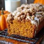 Delicious homemade pumpkin streusel bread with a golden crumb topping.
