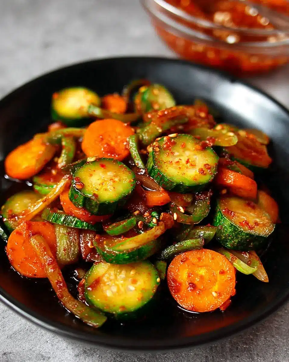 A jar of quick cucumber kimchi with vibrant colors and spices.