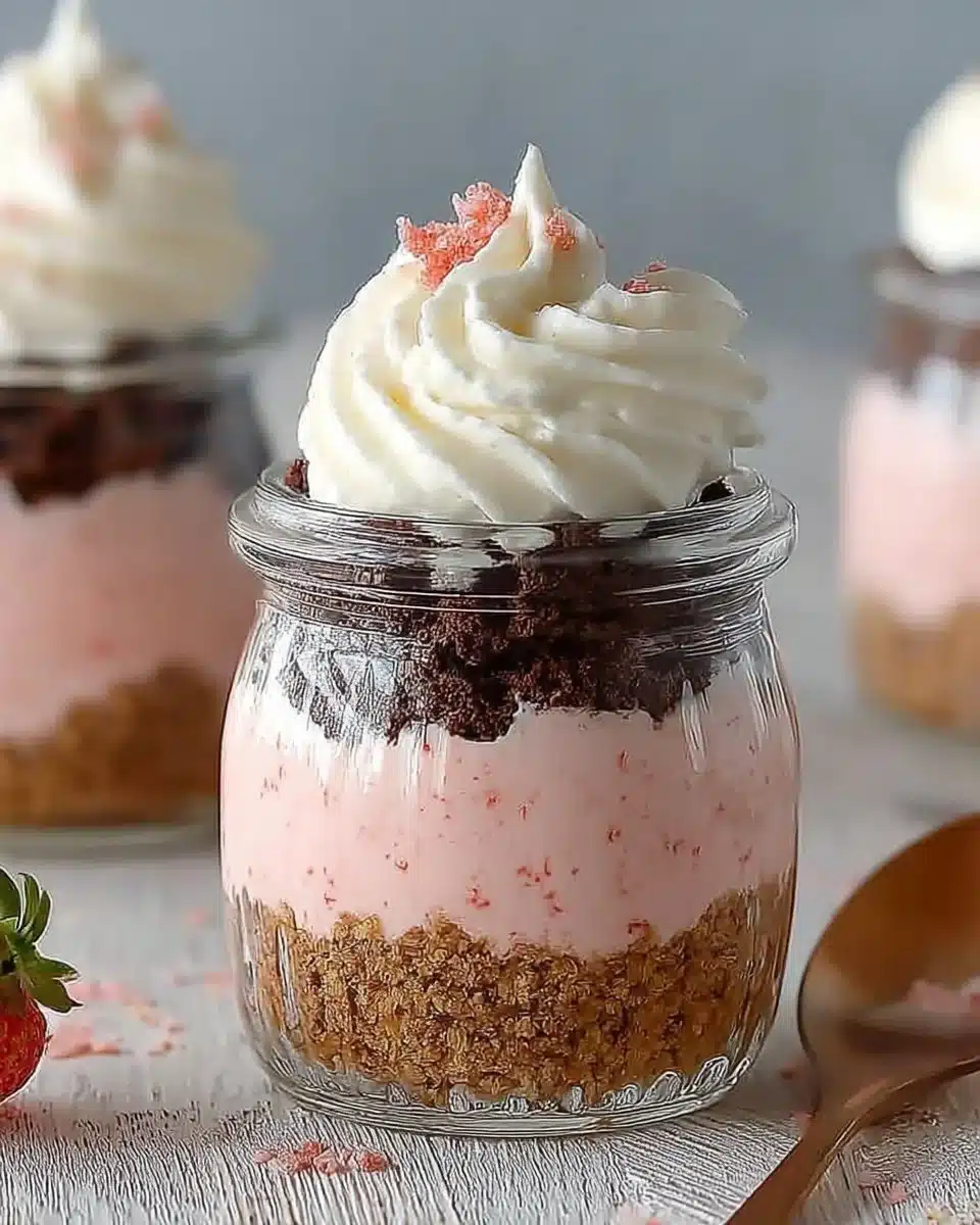 Delicious quick Neapolitan Cake in a Jar with layers of chocolate, vanilla, and strawberry.