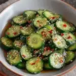 Quick pickled cucumber salad with chili flakes served in a bowl.