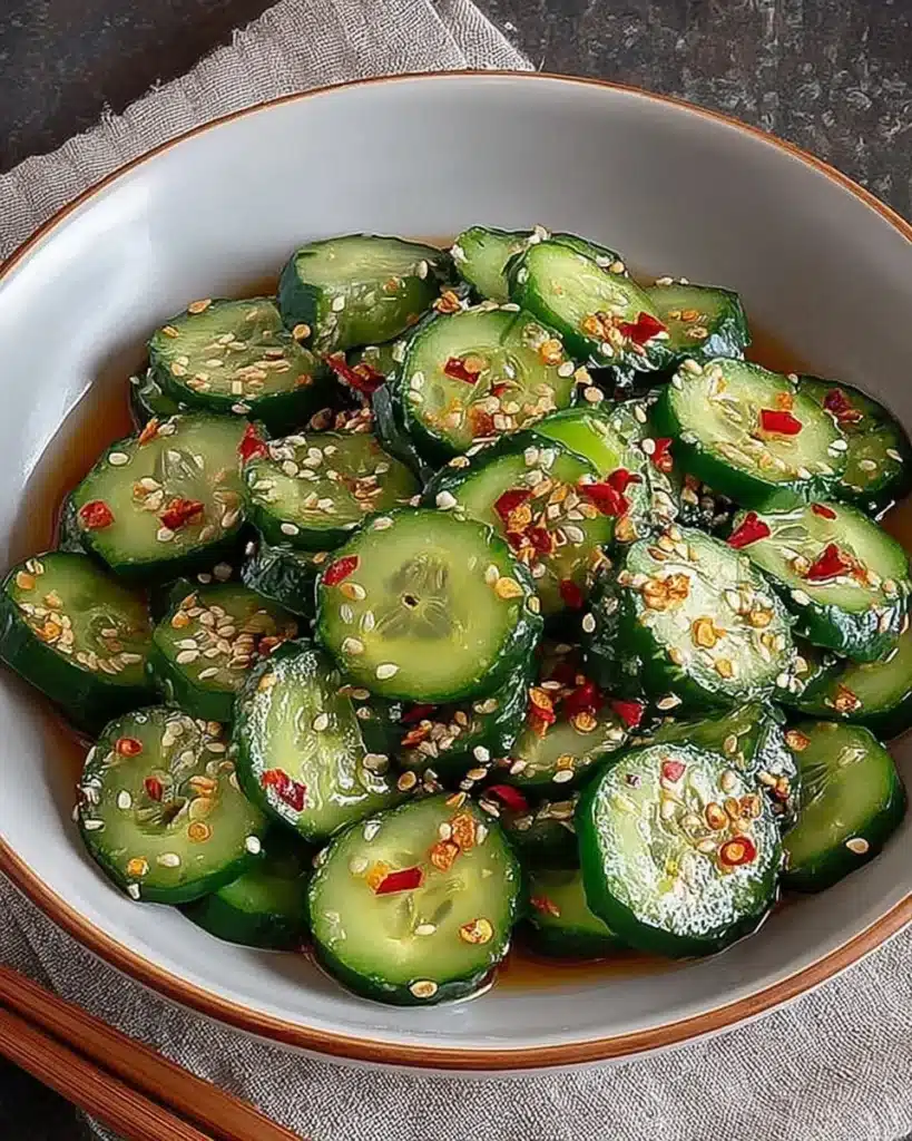 Quick pickled cucumber salad with chili flakes served in a bowl.