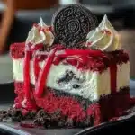 Delicious Red Velvet Oreo Cheesecake with creamy frosting and Oreo crumbles on top