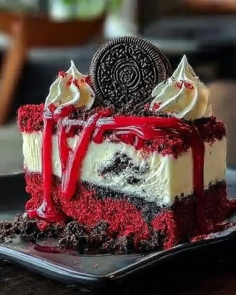 Delicious Red Velvet Oreo Cheesecake with creamy frosting and Oreo crumbles on top