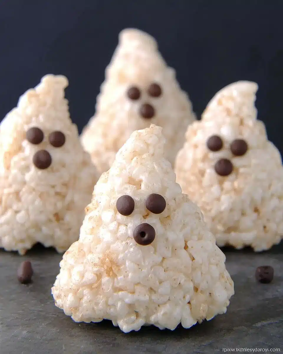 Spooky Rice Krispie Treats shaped like ghosts for Halloween