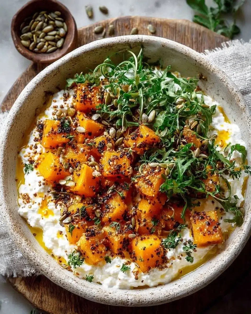 Savory Pumpkin Cottage Cheese Bowl with toppings and herbs