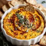 Savory pumpkin cream cheese dip served in a bowl with crackers and fresh herbs
