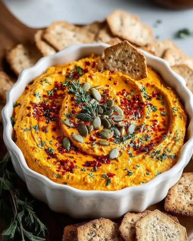 Savory pumpkin cream cheese dip served in a bowl with crackers and fresh herbs