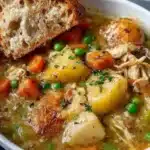 Bowl of slow cooker chicken stew with vegetables and herbs