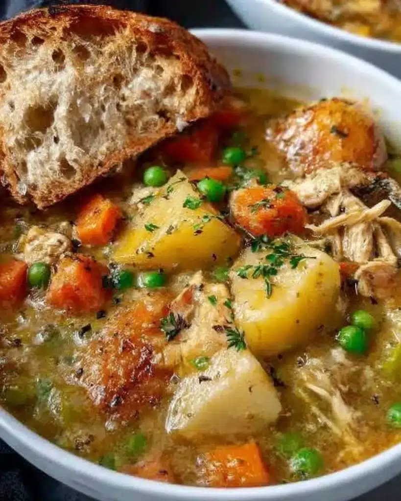 Bowl of slow cooker chicken stew with vegetables and herbs