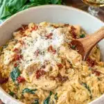 Slow Cooker Creamy Tuscan Chicken Orzo in a bowl with fresh herbs