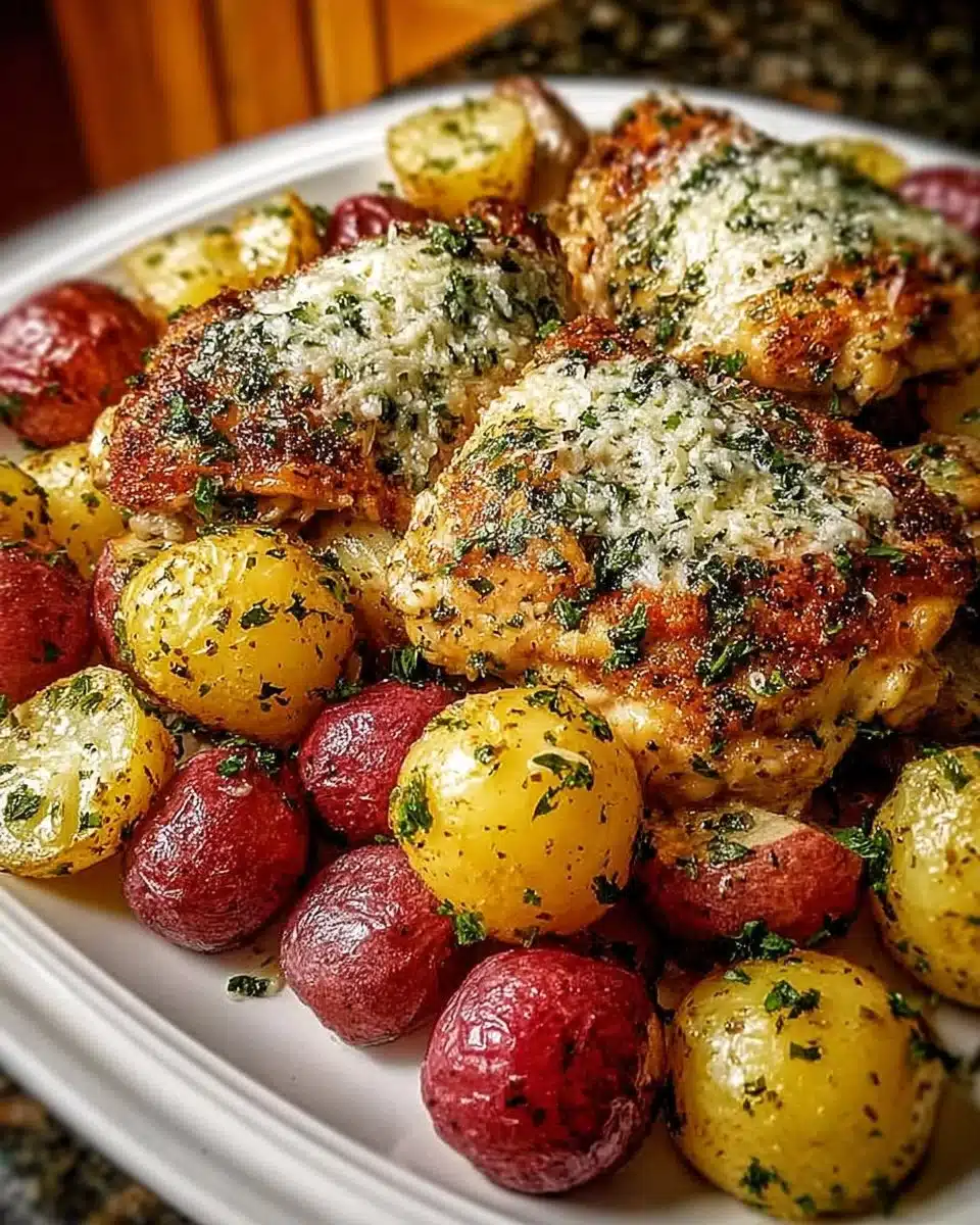 Slow Cooker Parmesan Garlic Chicken with Potatoes ready to serve.