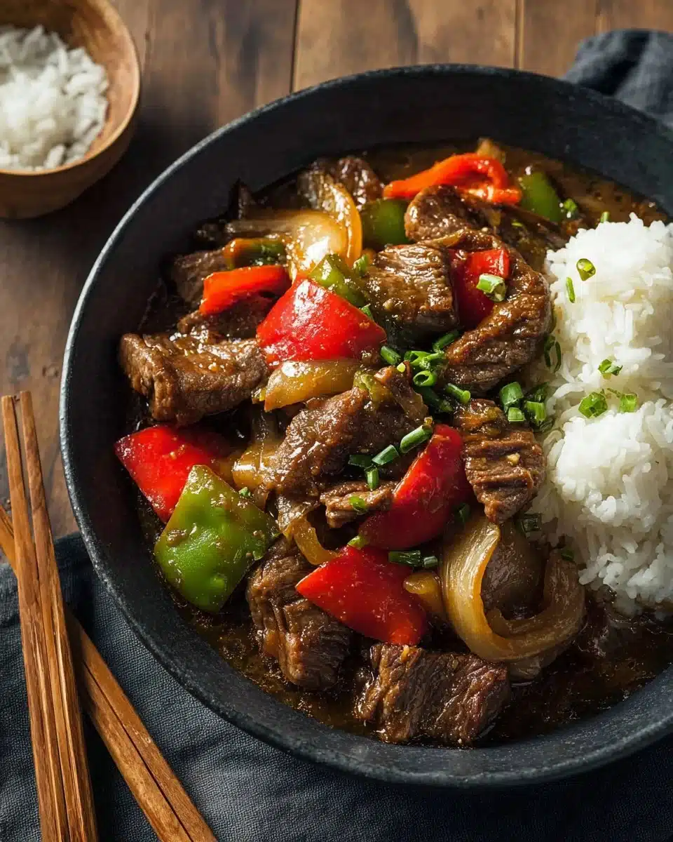 Slow cooker pepper steak served with bell peppers and rice