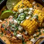 Slow cooker street corn chicken dish garnished with cilantro and lime
