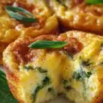 A small, fluffy frittata topped with vegetables and herbs on a plate.