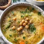 Bowl of creamy spaghetti squash soup topped with herbs and spices