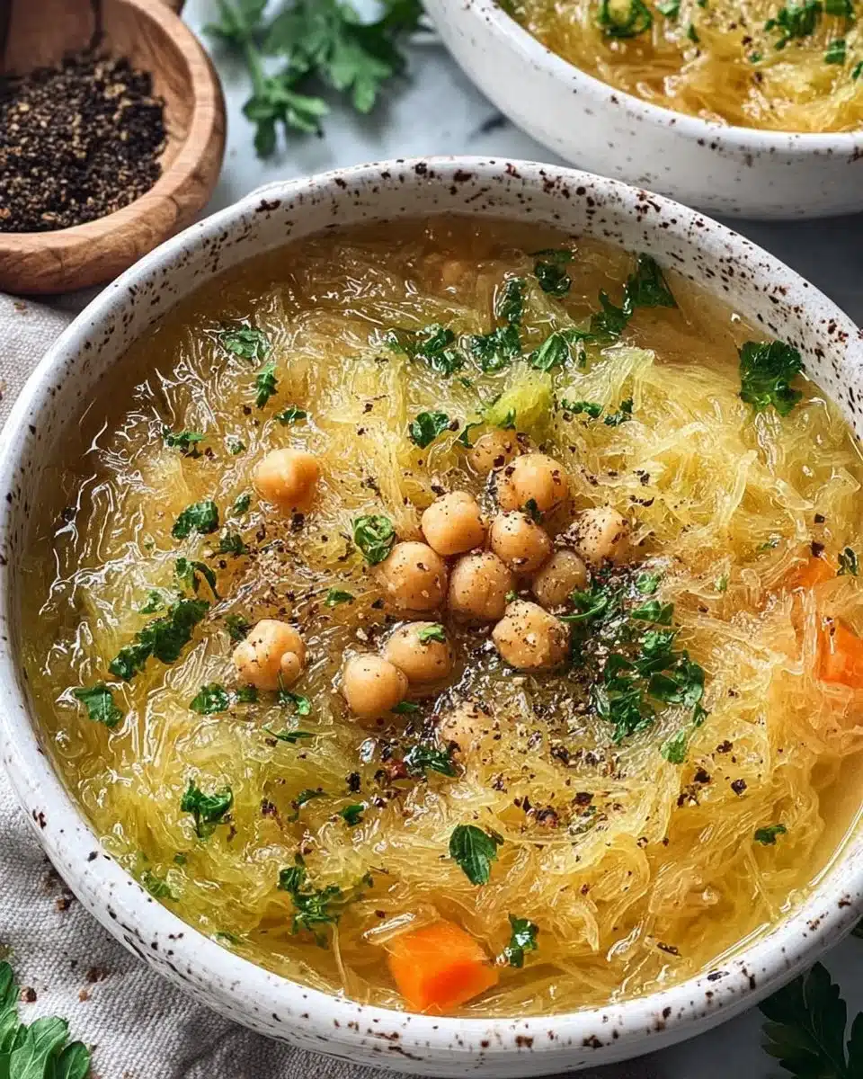 Bowl of creamy spaghetti squash soup topped with herbs and spices
