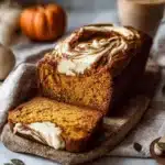 A loaf of spiced pumpkin cheesecake bread on a wooden cutting board.