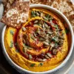 Bowl of spicy pumpkin hummus served with pita bread and vegetables