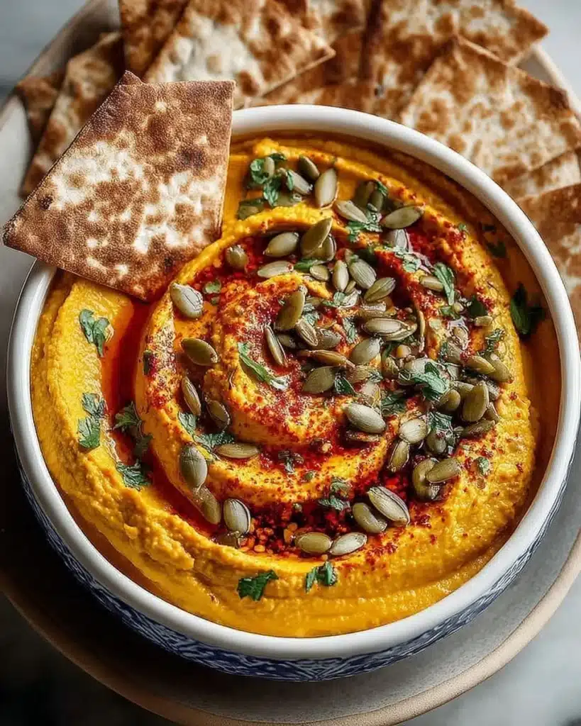 Bowl of spicy pumpkin hummus served with pita bread and vegetables