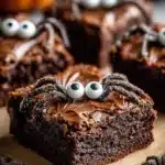 Spooky Spider Brownies decorated with chocolate spiders for Halloween