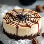 Delicious Spiderweb Cheesecake with a decorative chocolate web design