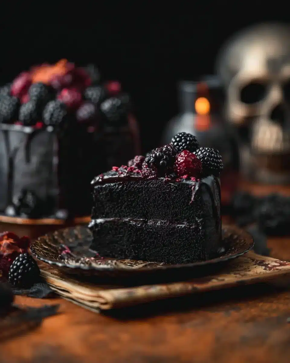 Spooky black velvet Halloween cake decorated with creepy designs.