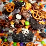 Halloween-themed spooky snack mix with spooky decorations