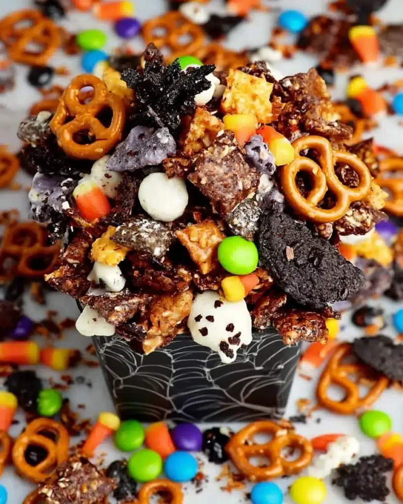Halloween-themed spooky snack mix with spooky decorations