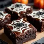 Spooky spiderweb brownies decorated with chocolate and white icing