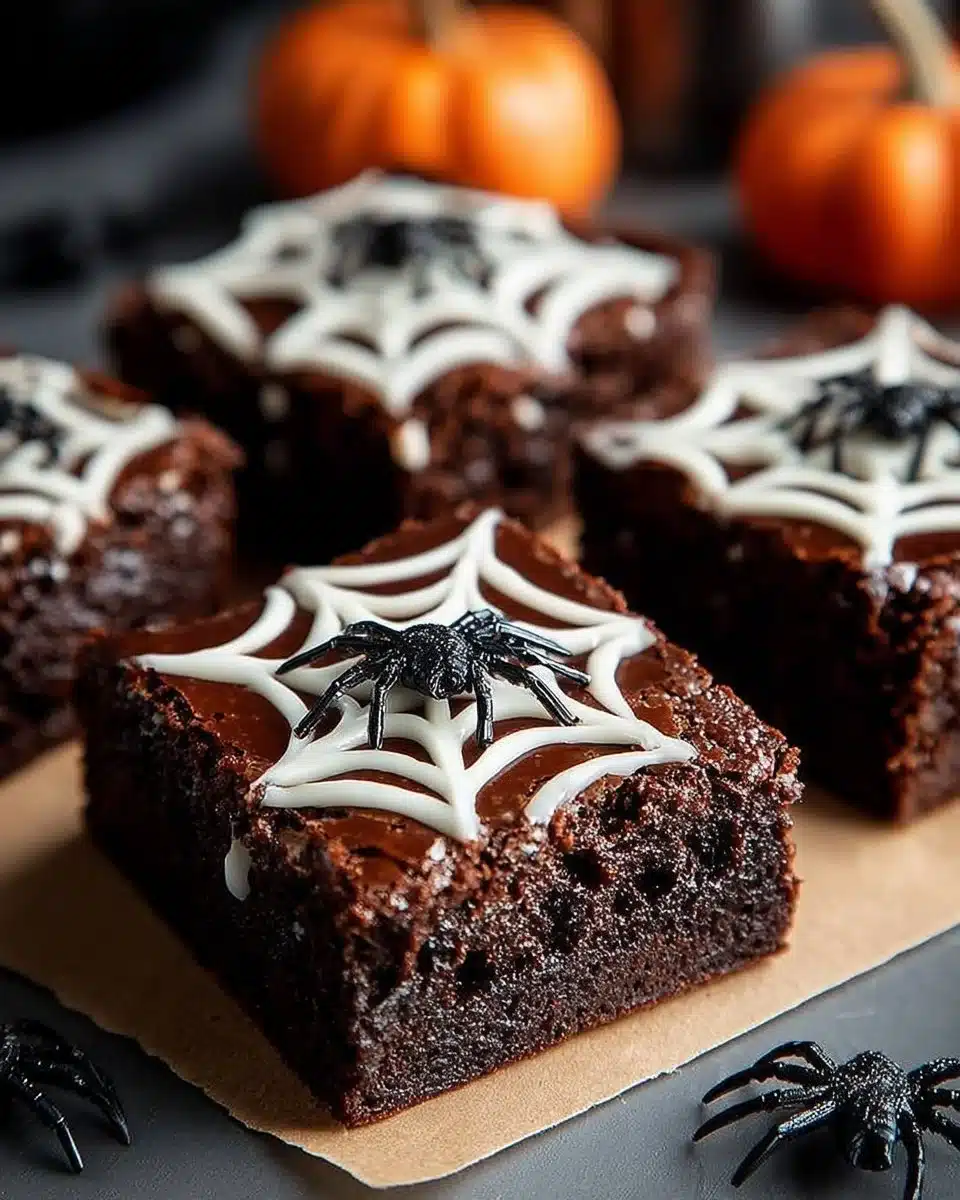Spooky spiderweb brownies decorated with chocolate and white icing