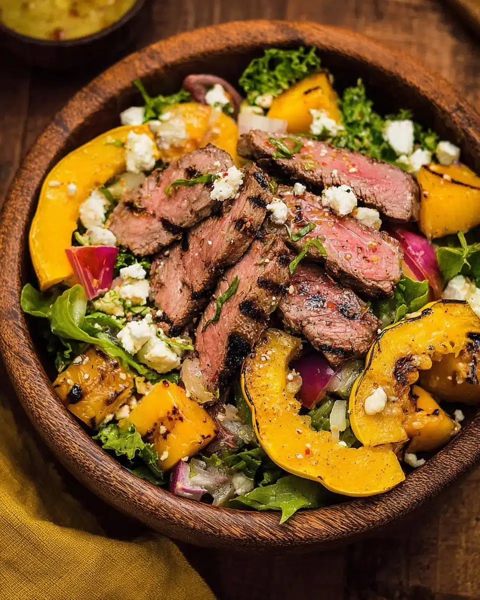 Steak and squash salad with fresh greens and dressing